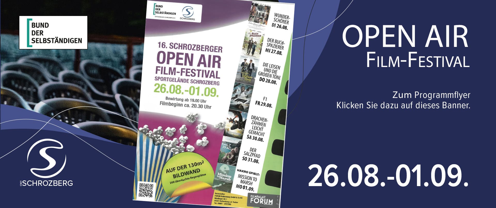 Banner für Open Air Kino in Schrozberg mit Link zum Flyer